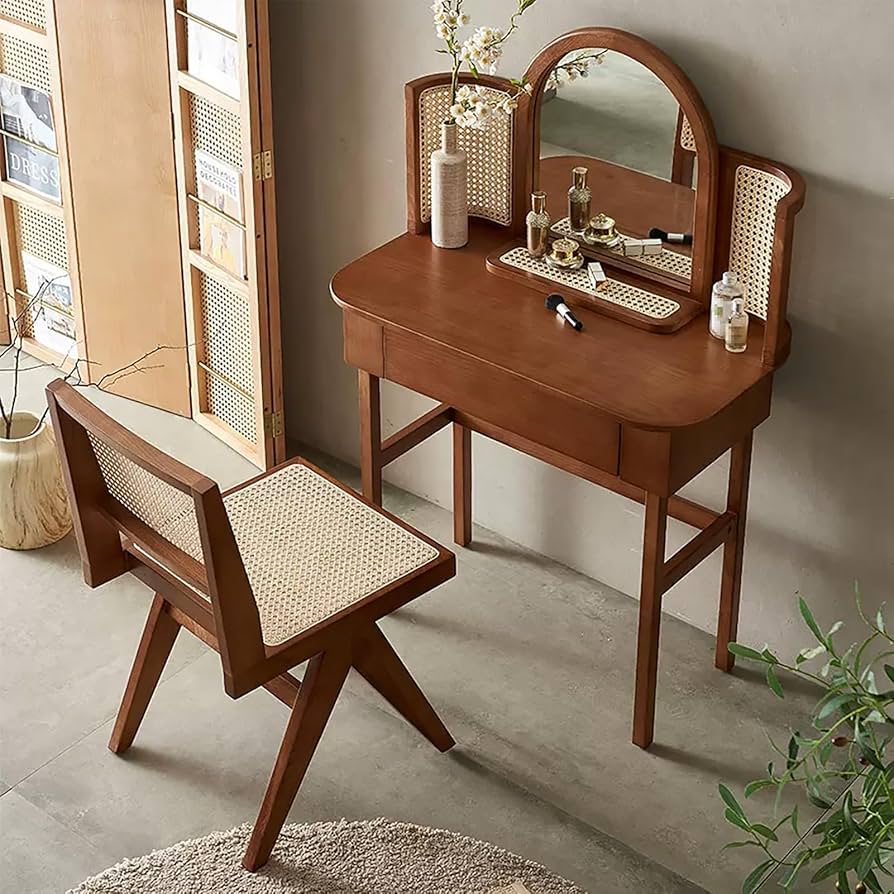 Amazon｜JIAOCKJIAO ラタン製化粧台、取り外し可能なミラー付き