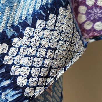 Amazon.co.jp: 本藍染 有松絞り 鳴海 総絞り 浴衣 単衣 市松 花 青藍系