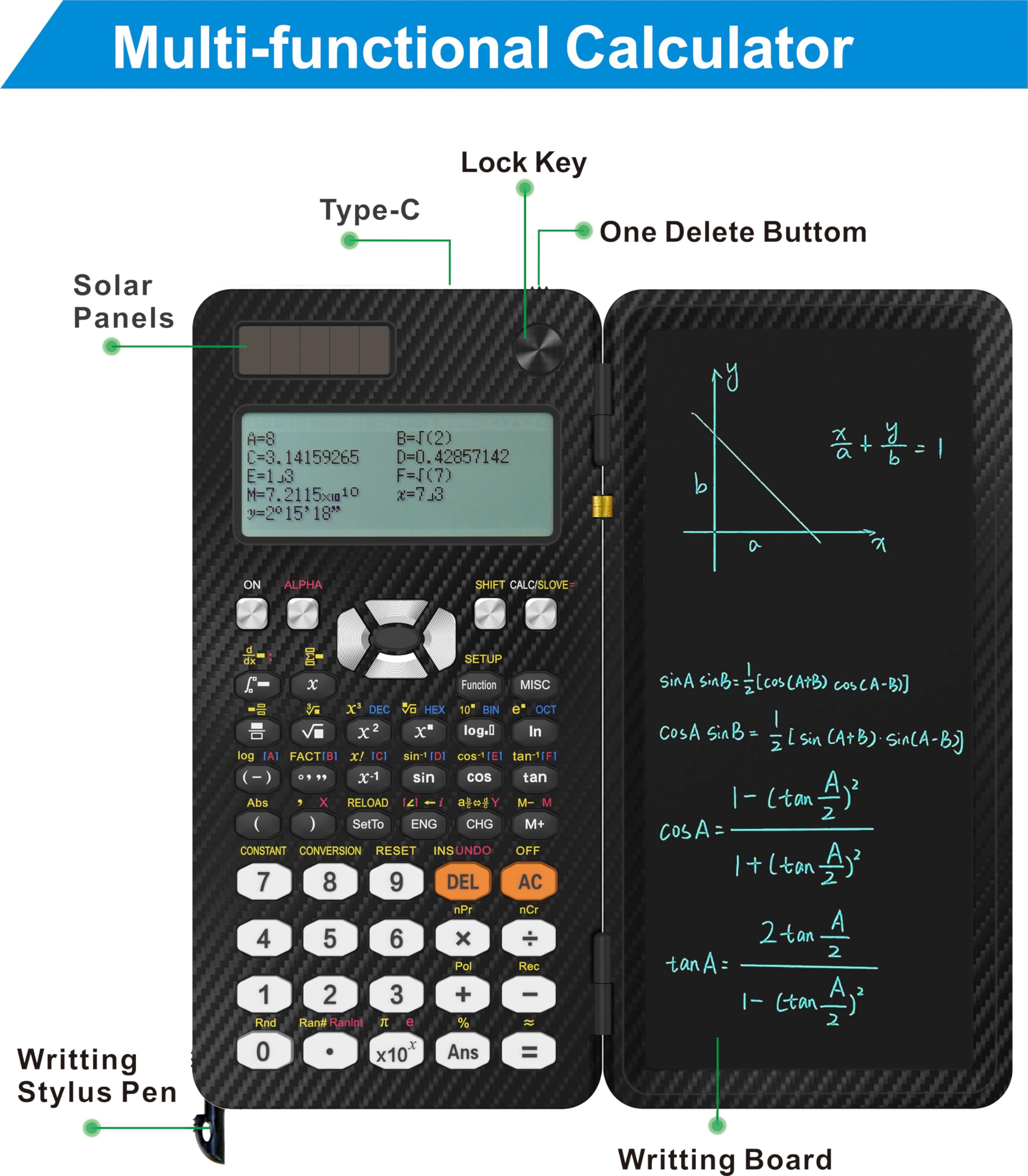 Amazon.co.jp: iPepul 関数電卓 Type-C充電式デスクトップ数学ソーラー