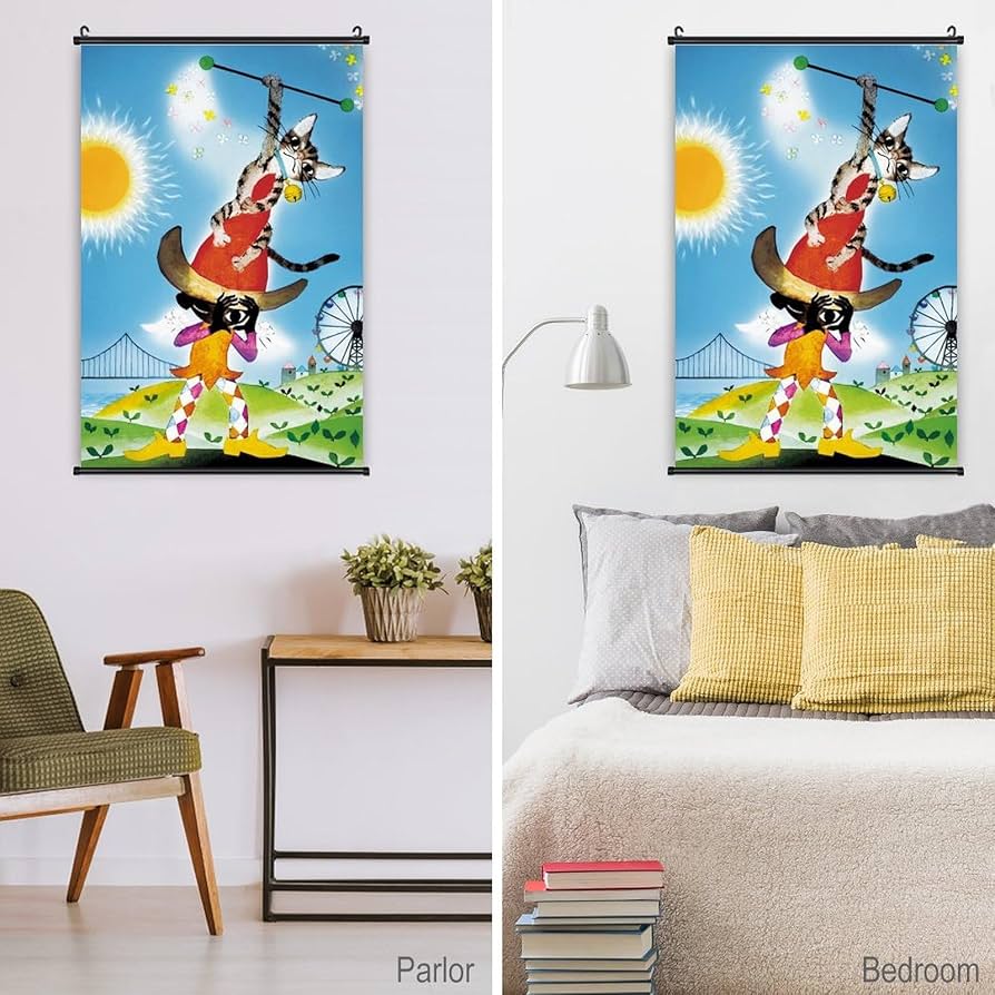 Amazon.co.jp: 藤城清治 幸せを呼ぶ猫 掛ける絵 おしゃれ 軸物 壁畫