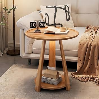 Amazon｜ミッドセンチュリーモダン2層ラウンドサイドテーブル、無垢材