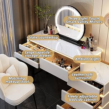 Amazon｜スツール付きドレッサー、引き出し3段付き鏡台、ミラーとLED