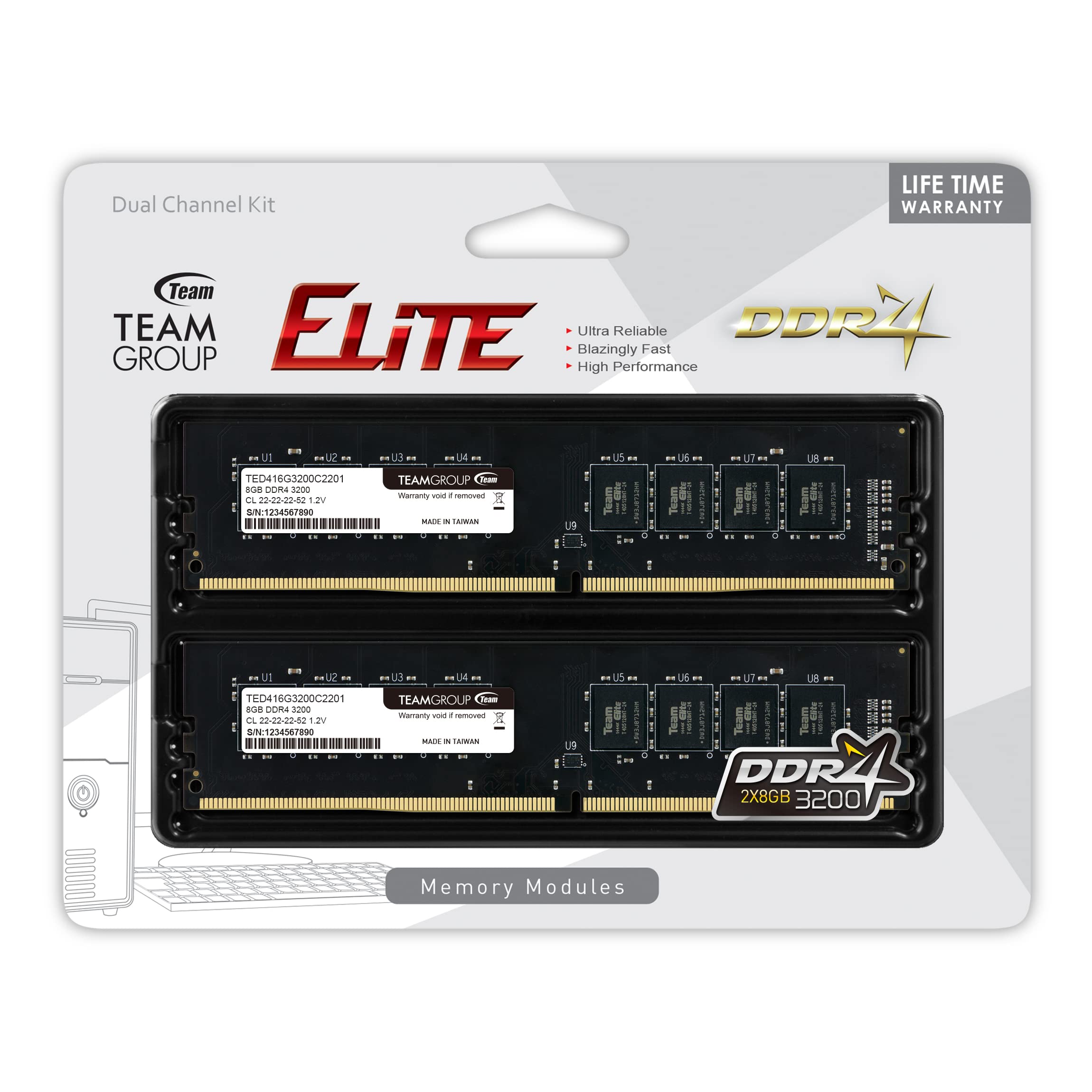 TEAMGROUP Elite DDR4 16GB Kit (2 x 8GB) 3200MHz (PC4-25600) CL22