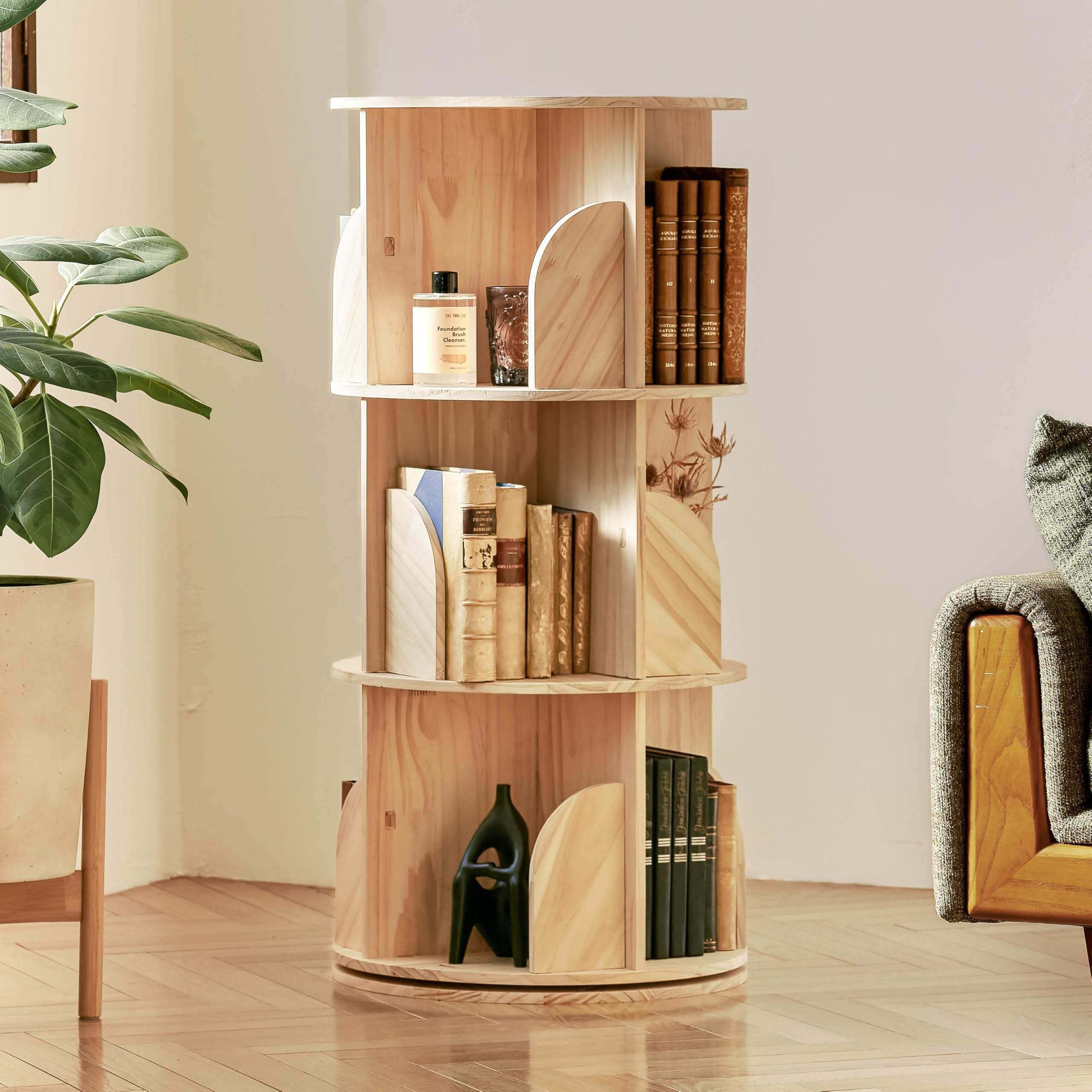 Amazon｜solevia 回転式本棚 3段 A4が収まる直径46cm 天然木 図鑑対応