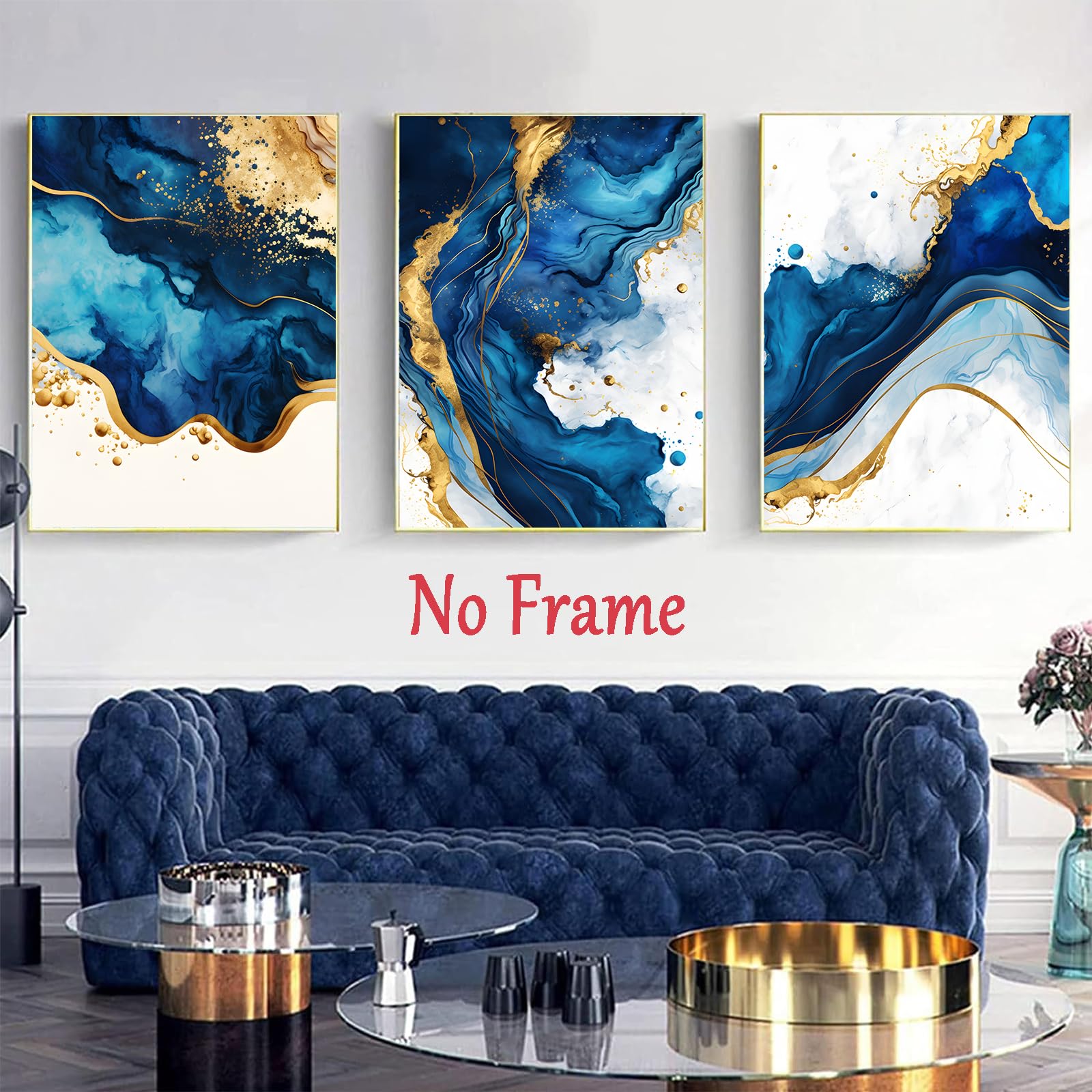 Amazon.co.jp: ブルーゴールド抽象ウォールアート 金箔絵画 ネイビー