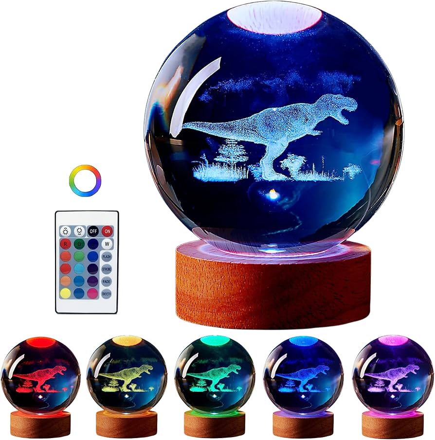 DIGFPWT Dinosaur Crystal Ball Lamp, 3D K9 T-Rex, 3.15in USB