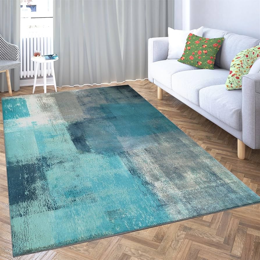 Amazon | ラグマット ターコイズブルーの幾何学模様の絵画 120 x 180cm