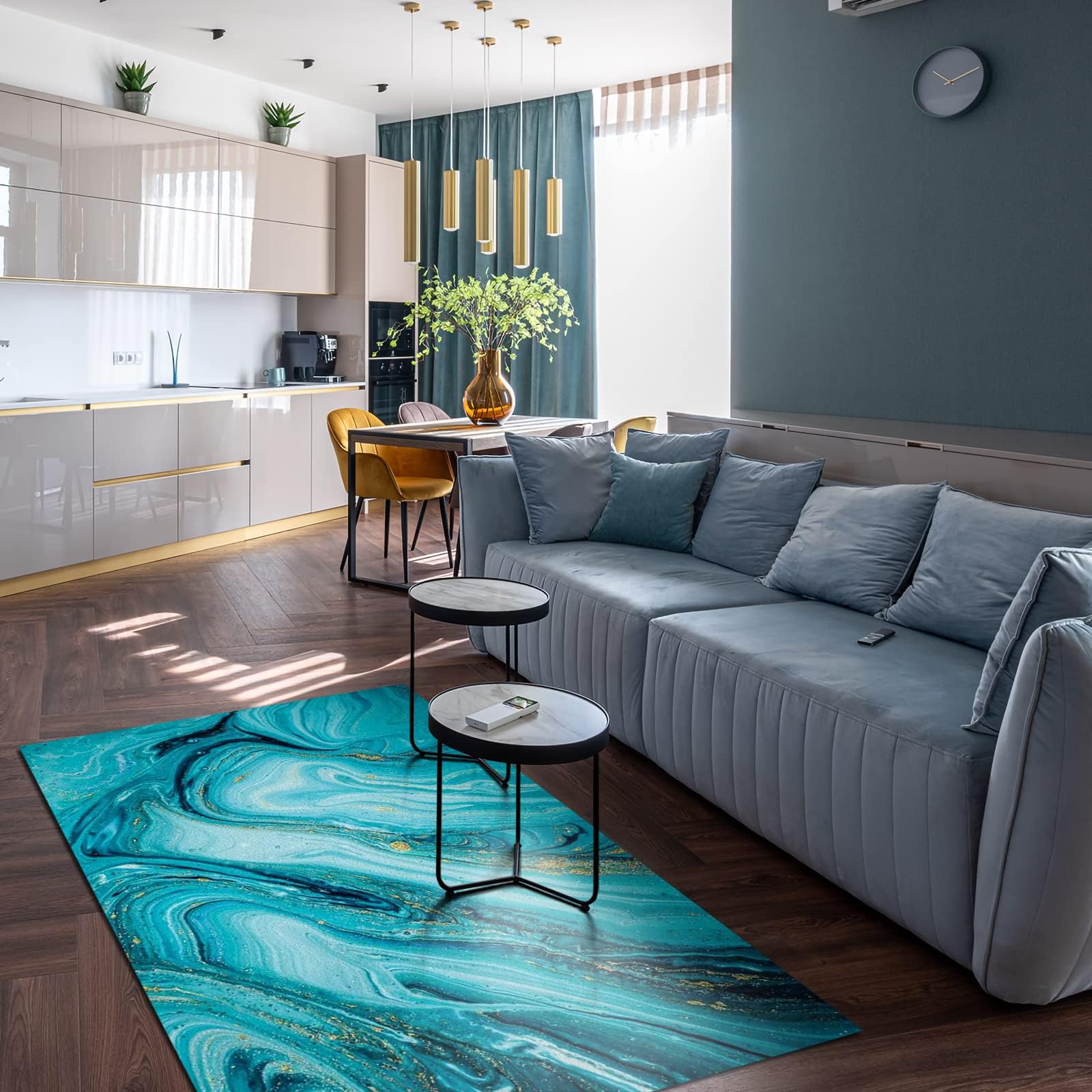 Amazon｜ターコイズブルーのストライプのデザイナーラグ、ファッション