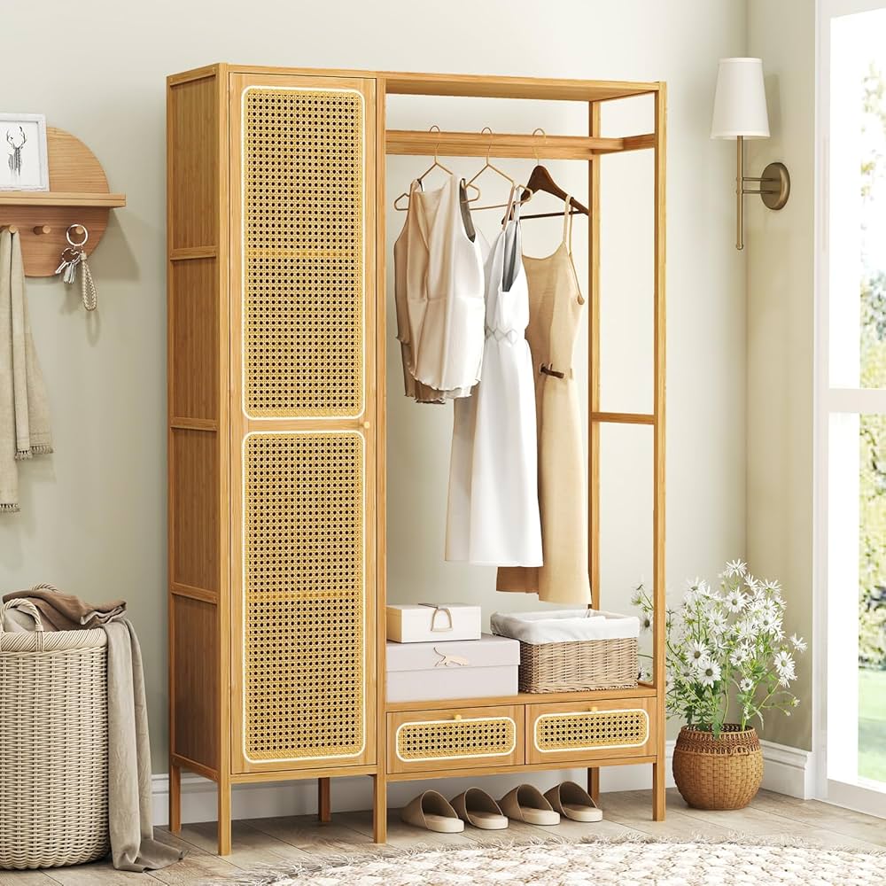 Amazon｜COSTWAY クローゼット 竹製 幅90cm ワードローブ 収納 扉付き