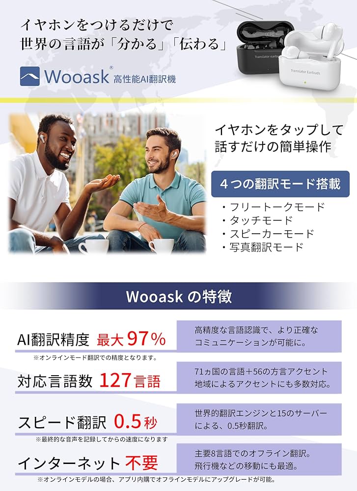 Amazon.co.jp: イヤホン翻訳機 通訳機 公式 Wooask M6 PLUS ウーアスク