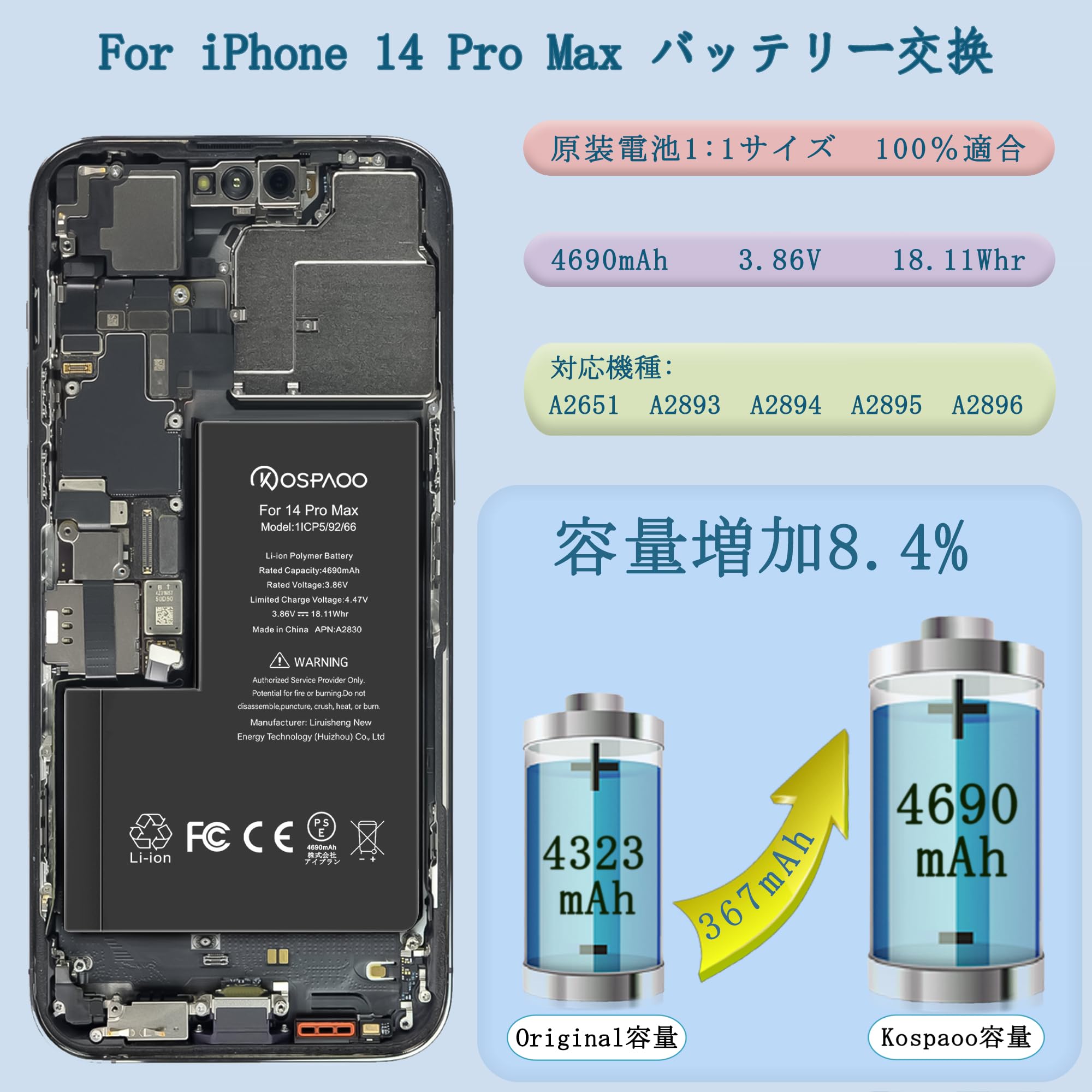 Amazon | KOSPAOO for iPhone 14 Pro Max バッテリー 交換 大容量