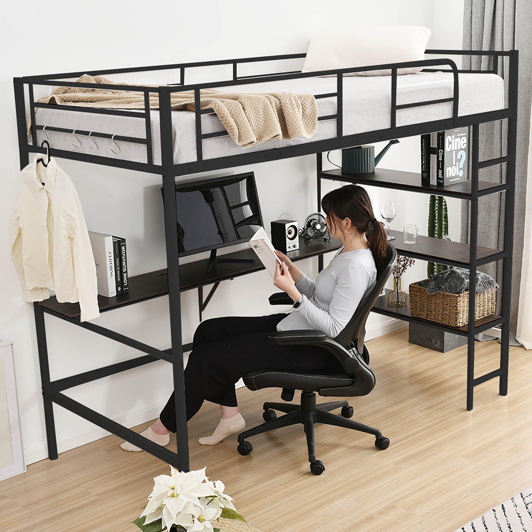Amazon｜ロフトベッド シングル デスク付き 収納棚3段 コンセント2口