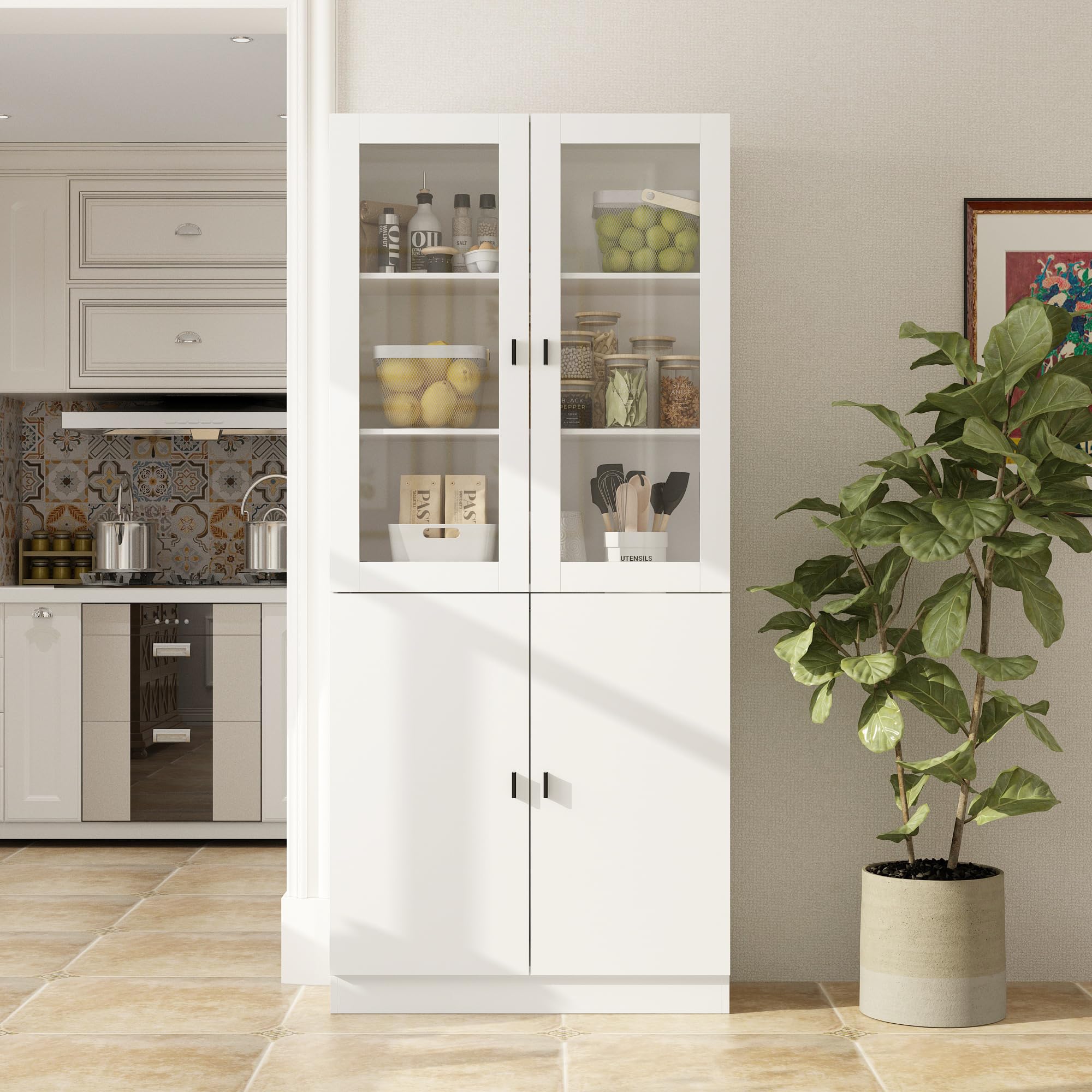 日本製 ガラス扉付き 大型食器棚 キャビネット ホワイト