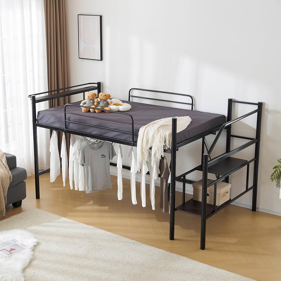 Amazon｜ロフトベッド 宮棚 パイプベッド 階段付き セミダブル 棚 収納