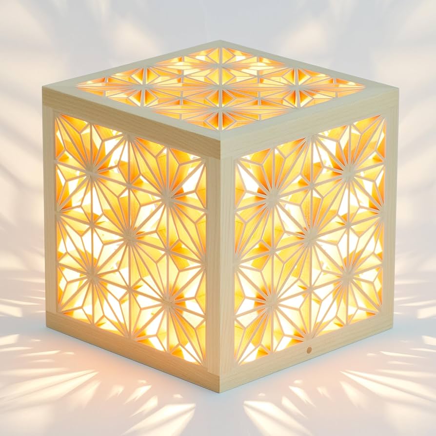 Amazon.co.jp : 木のあかり 麻の葉キューブMサイズ 中型テーブルランプ