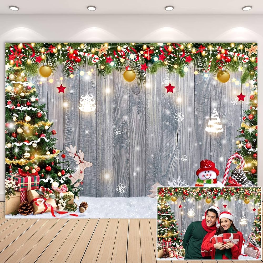 Amazon | 7 x 5フィート 素朴な木製クリスマス写真背景幕 冬の雪壁