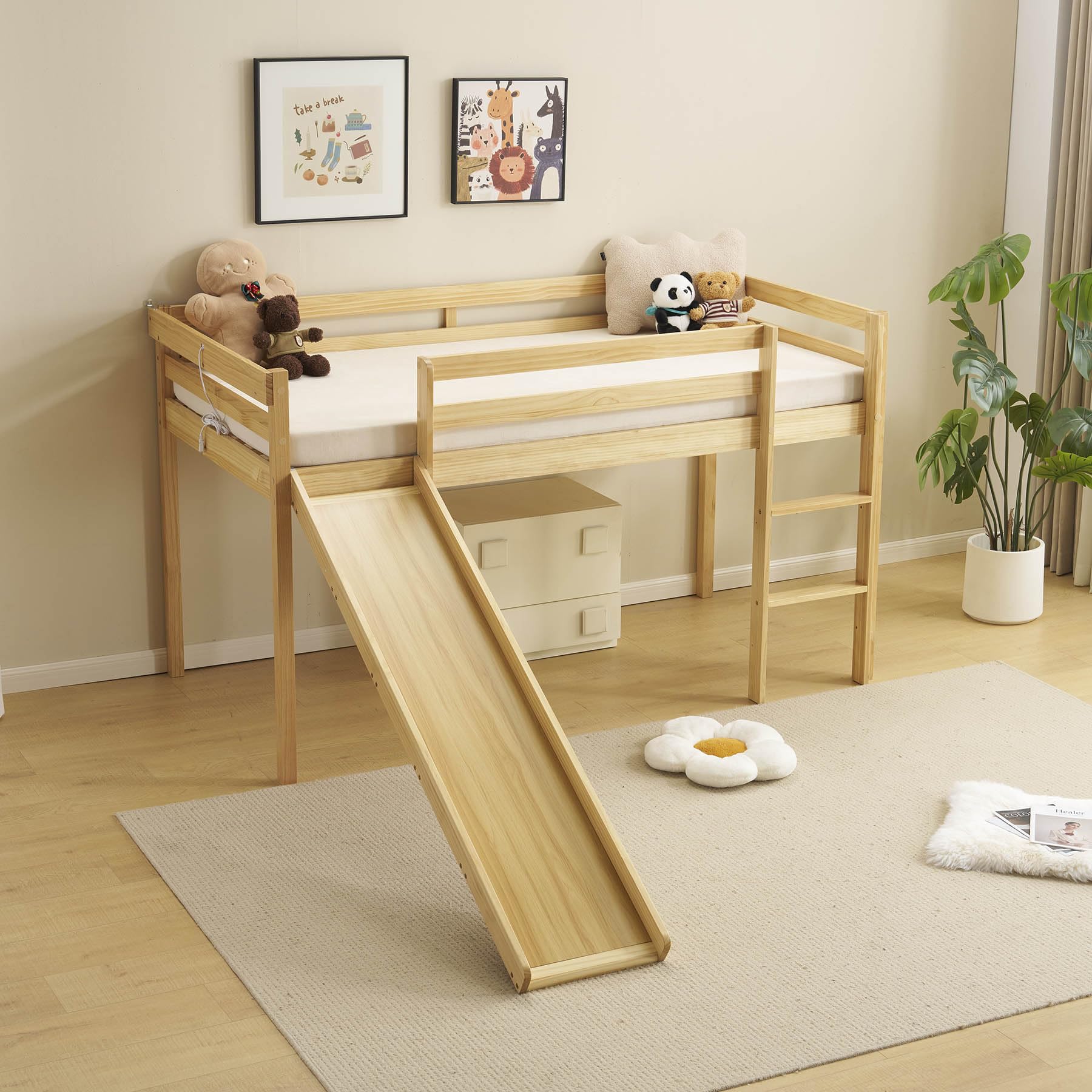 Amazon.co.jp: ロフトベッド シングル【滑り台付き・ロータイプ】階段