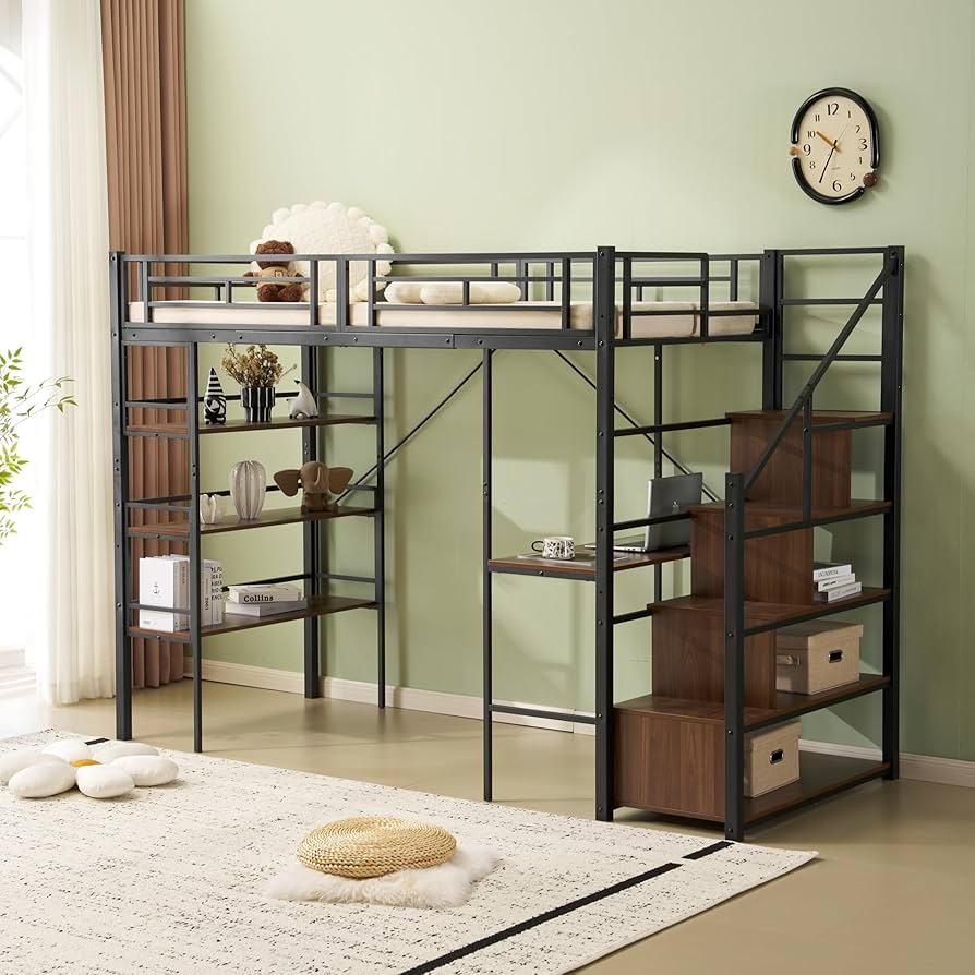 Amazon.co.jp: ロフトベッド シングル パイプベッド デスク付き 階段