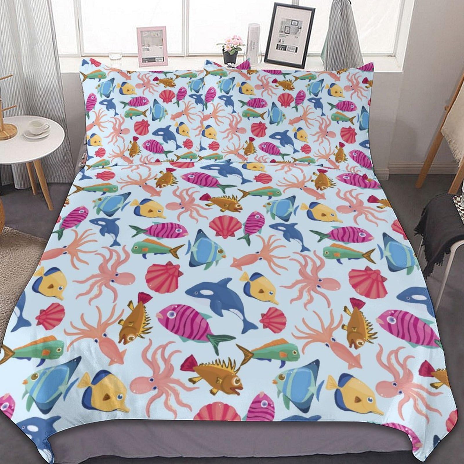 Amazon｜3点セット 魚柄 布団カバー 掛け布団カバー 枕カバー