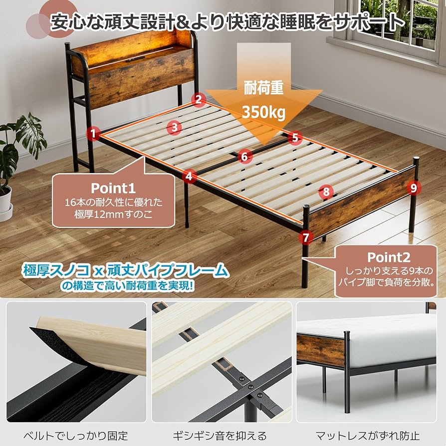 Amazon｜IKIFLY ベッドフレーム シングル パイプベッド S コンセント