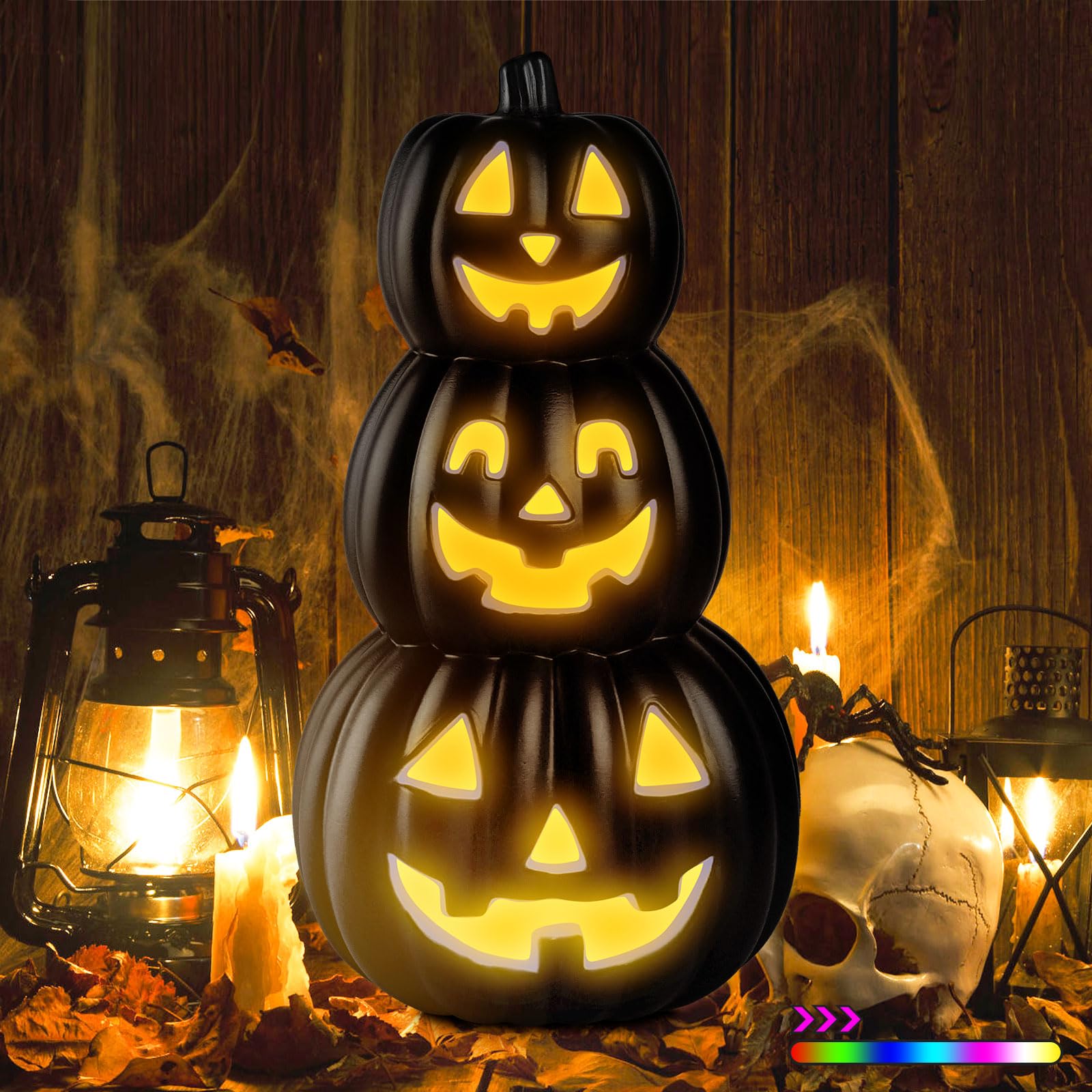 Lanpn 3 Stacked Halloween Pumpkin Lanterns Light Decor, 7 Color