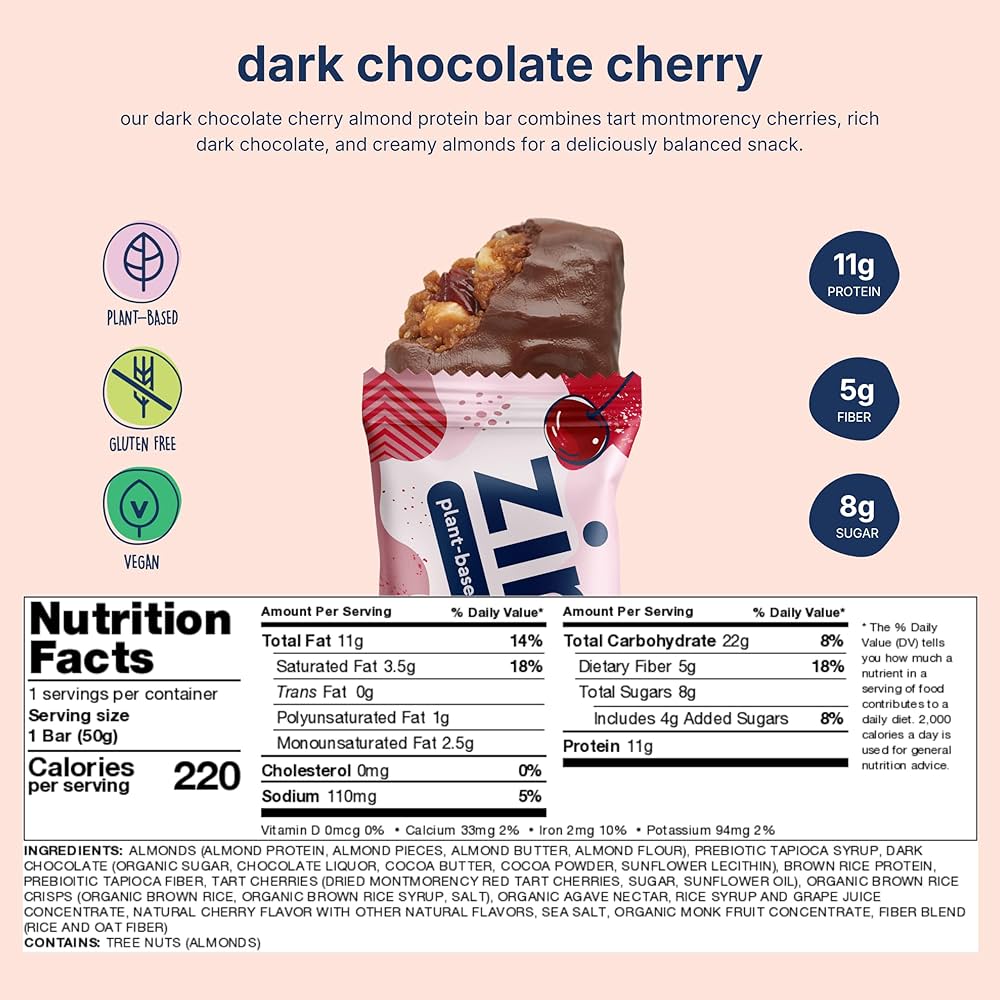 Amazon.com: Zing Dark Chocolate Cherry Vegan Protein Bars, Gluten