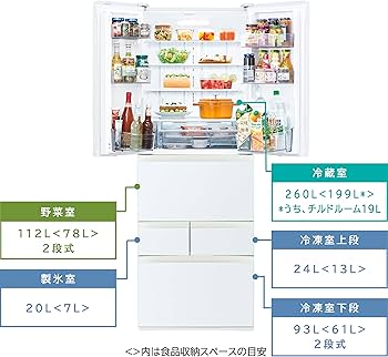 Amazon | 東芝 冷蔵庫 幅65.0㎝ 509L GR-U510FK(EW) 6ドア 両開き