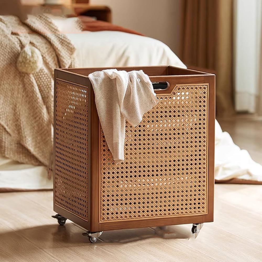 Amazon｜MJKQ9 籐編み ラタン ランドリー 脱衣カゴ 木製 キャスター