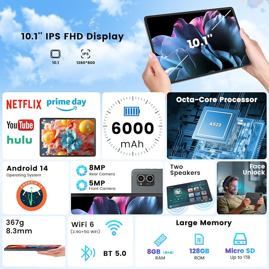 Amazon.com : Azeyou Android Tablet, 8GB RAM 128GB ROM, 10Hrs Long