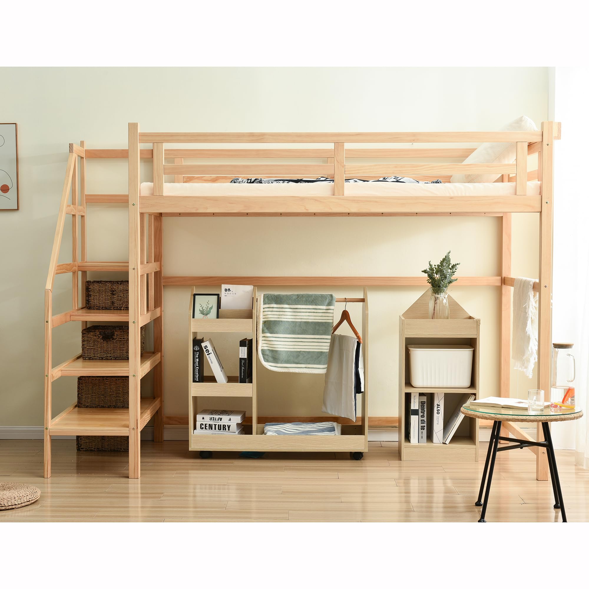 Amazon｜ロフトベッド 階段付き 天然木 コンセント付き シングル 宮