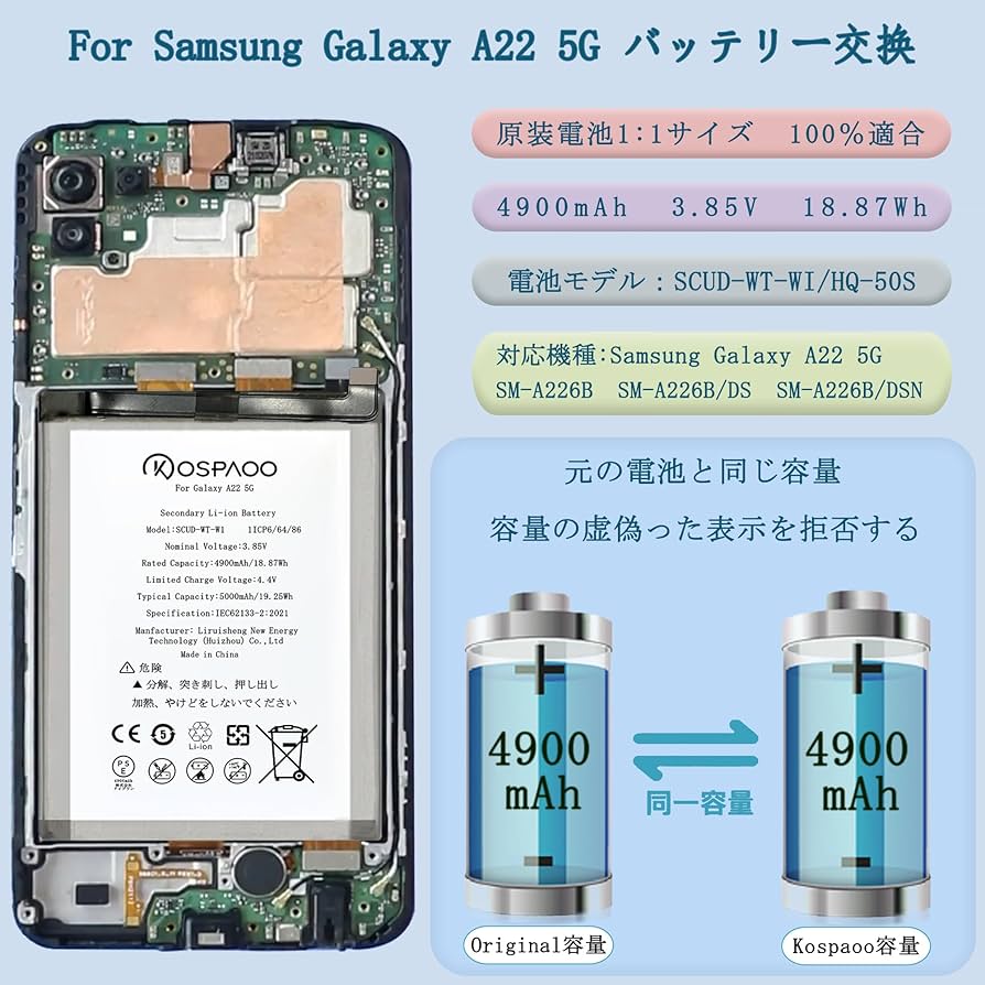 Amazon | KOSPAOO for Samsung Galaxy A22 5G 国際版 バッテリー 交換