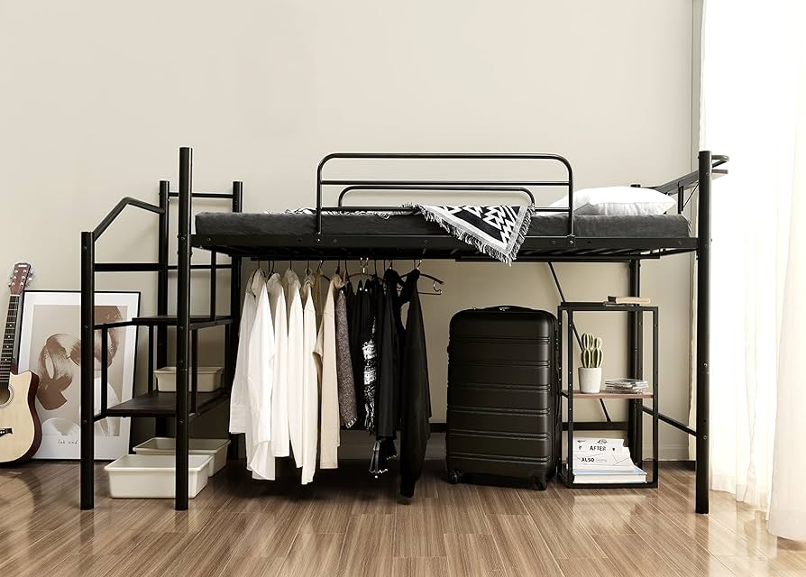 Amazon｜ロフトベッド 宮棚 パイプベッド 階段付き セミダブル 棚 収納