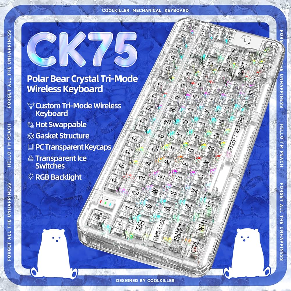 Amazon | YUNZII CK75 無線 ホットスワップメカニカルキーボード 透明