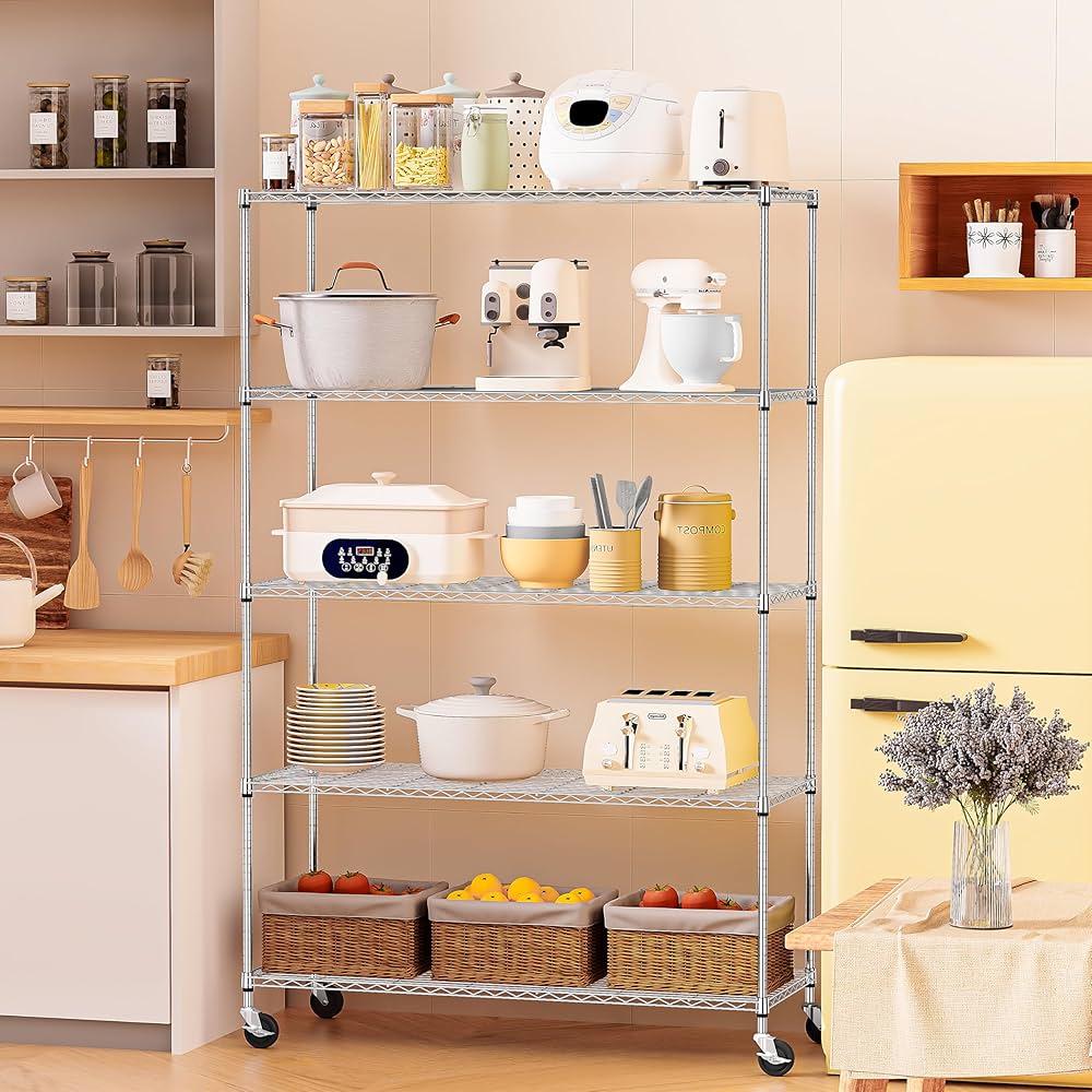 Amazon｜IZEUK スチールラック キャスター付き 5段 高さ伸縮メッシュ