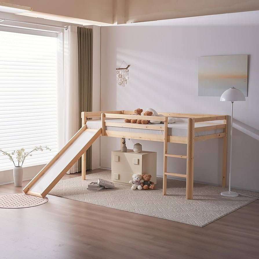 Amazon｜ロフトベッド 天然木 滑り台付き 収納棚付き 階段付き
