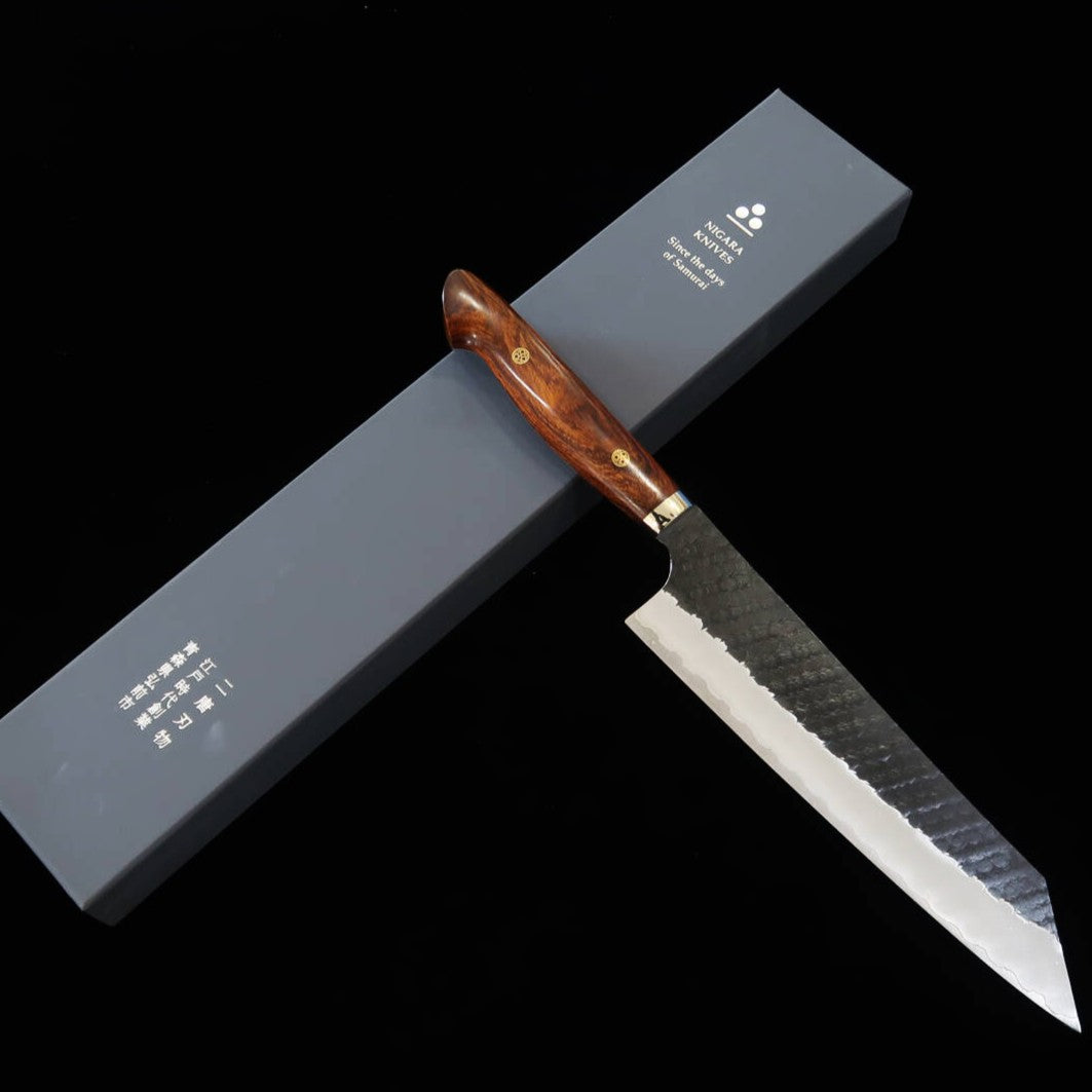 二唐刃物鍛錬所NIGARA 切付牛刀 SG2 黒打 槌目 アイアンウッドハンドル