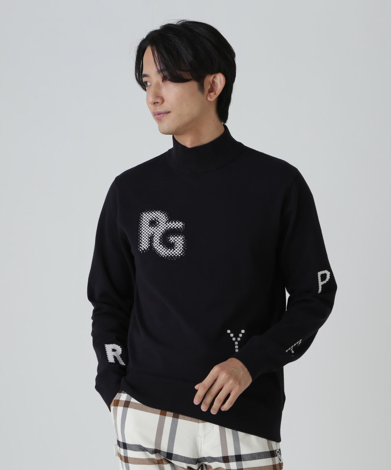 12G部分ジャガードカシミヤタッチコットンハイネックニットプル