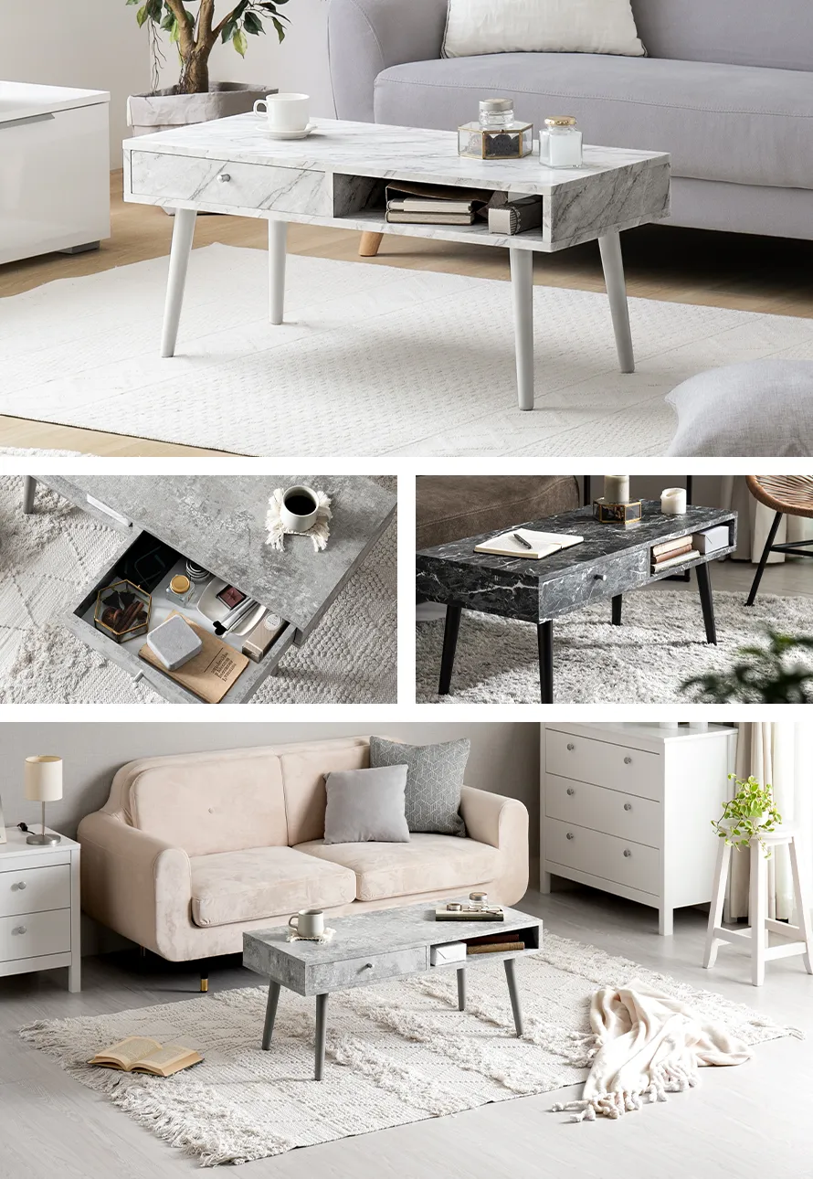 幅90cm センターテーブル 大理石/モルタル調 天然木脚 収納スペース