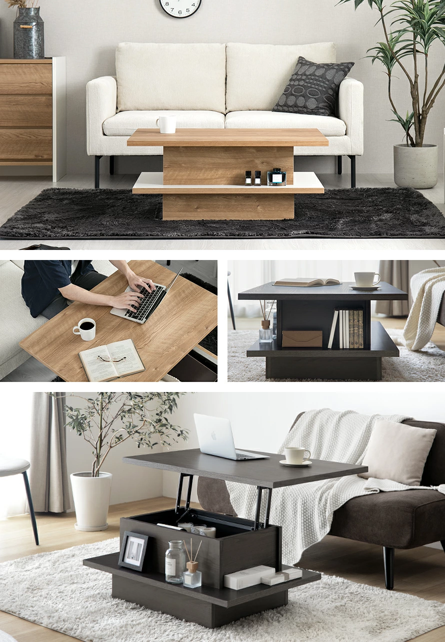 幅90cm 日本製 昇降式センターテーブル 木目調 収納スペース 天板広々