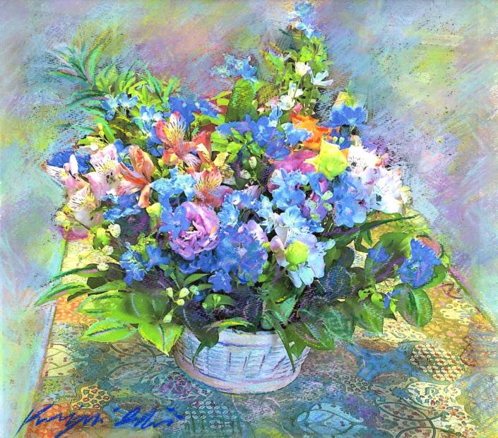 絵画のパステル画で石井清が描いた花の絵「デルフィ グランブルーの