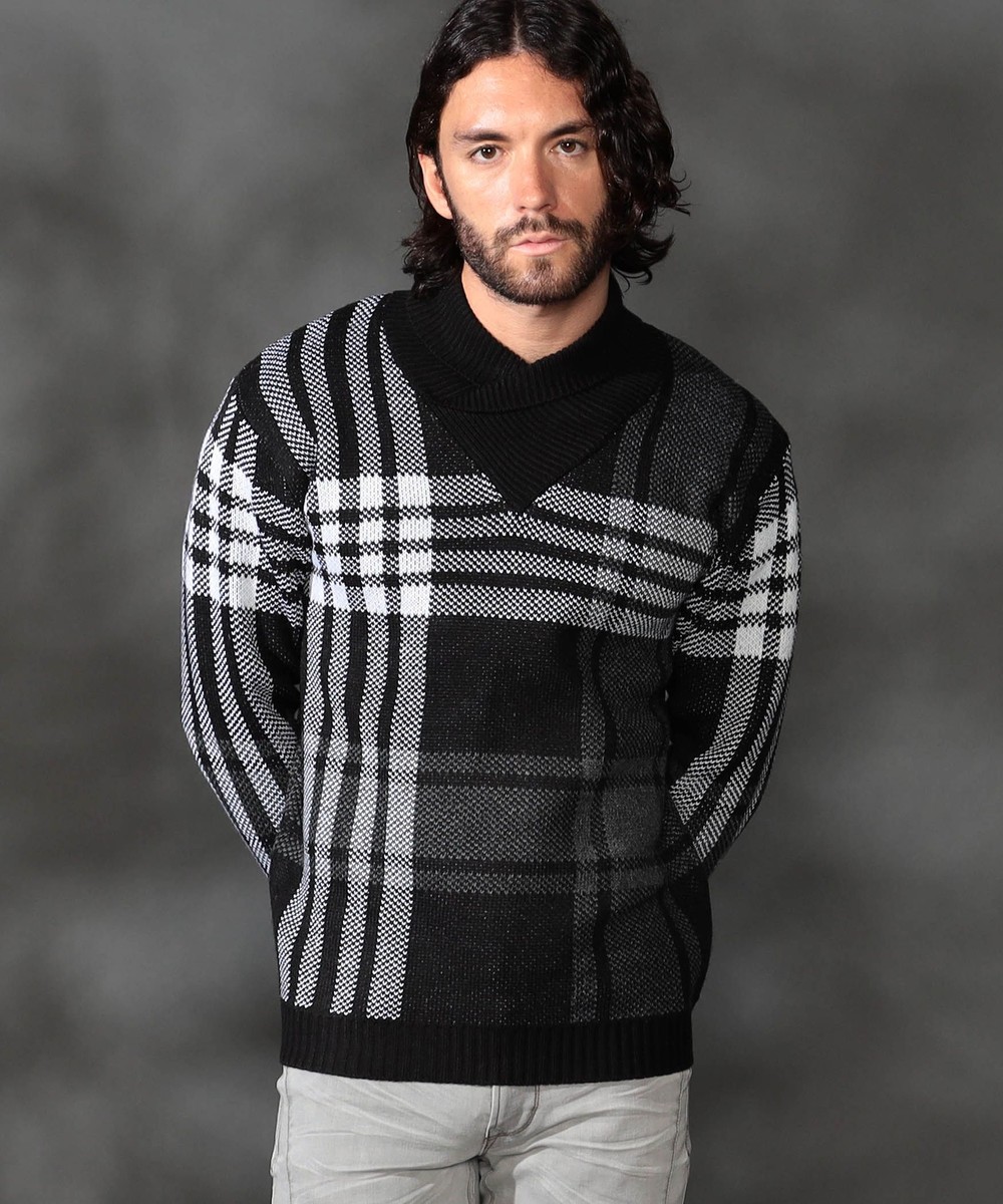 WEB限定】7GG ビッグチェックショールカラーニット｜プルオーバー