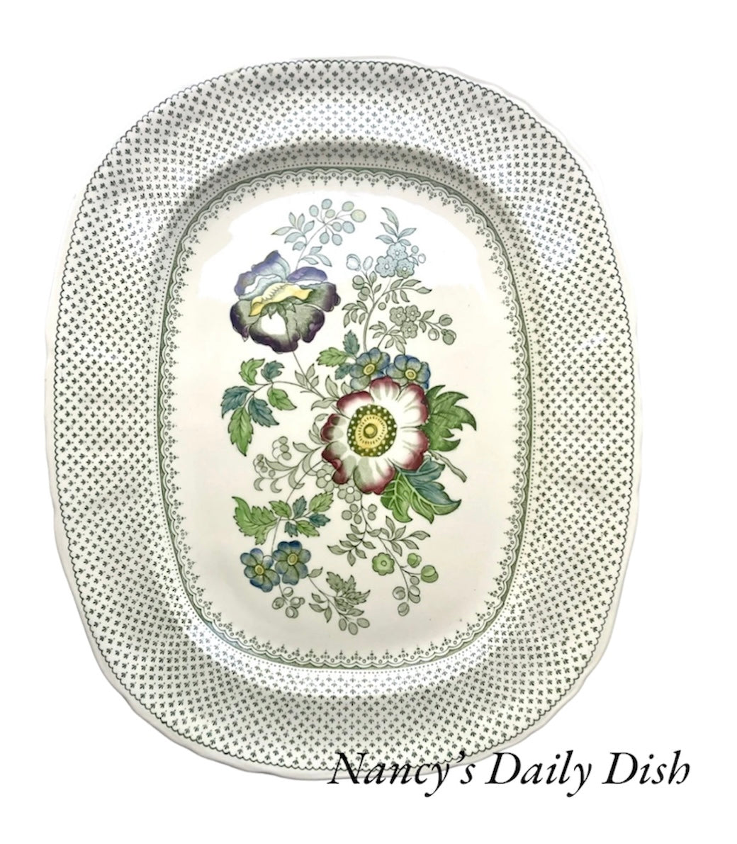 XL Vintage Green Transferware Platter Masons Paynsley Pansies Flowers
