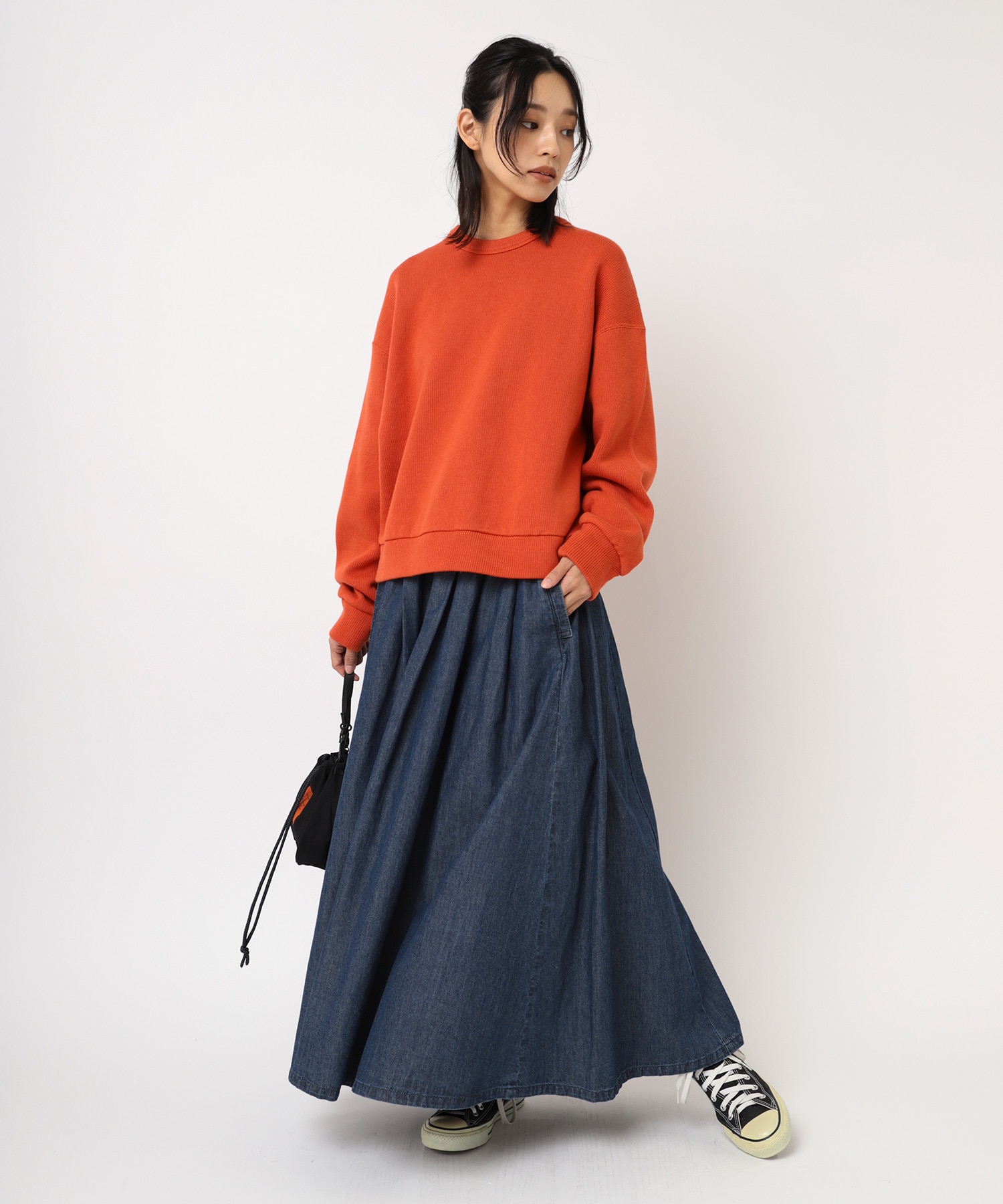 G1085 綿/麻デニムのプルオンロングスカート(F ストーンバイオ