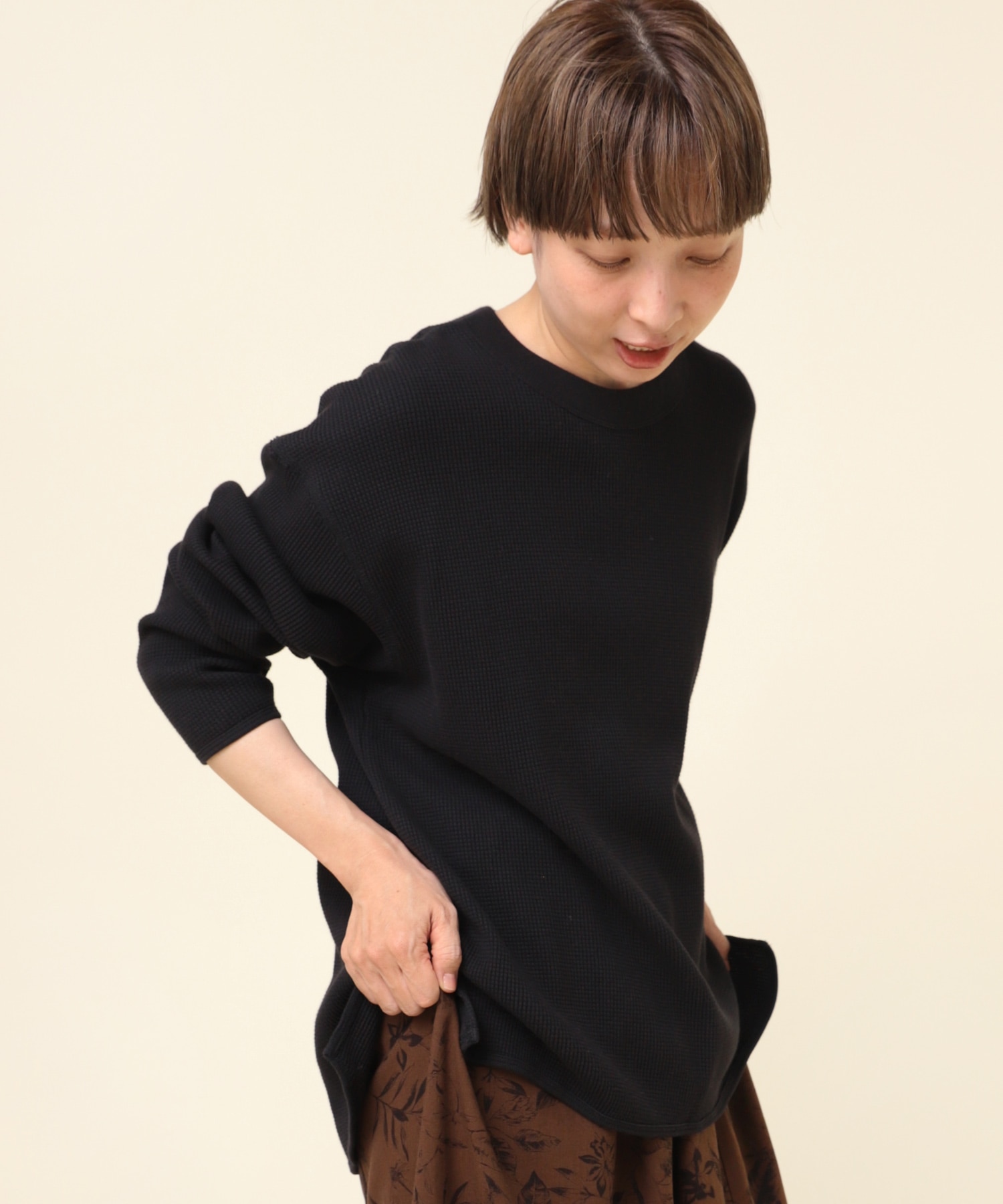 M2197 16/-ワッフルロングプルオーバー(M ブラック): トップス - RNA