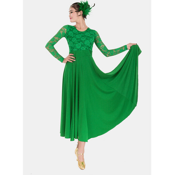 Newjoy / 社交ダンス衣装 白 レース ロングスリーブ ストレッチ素材