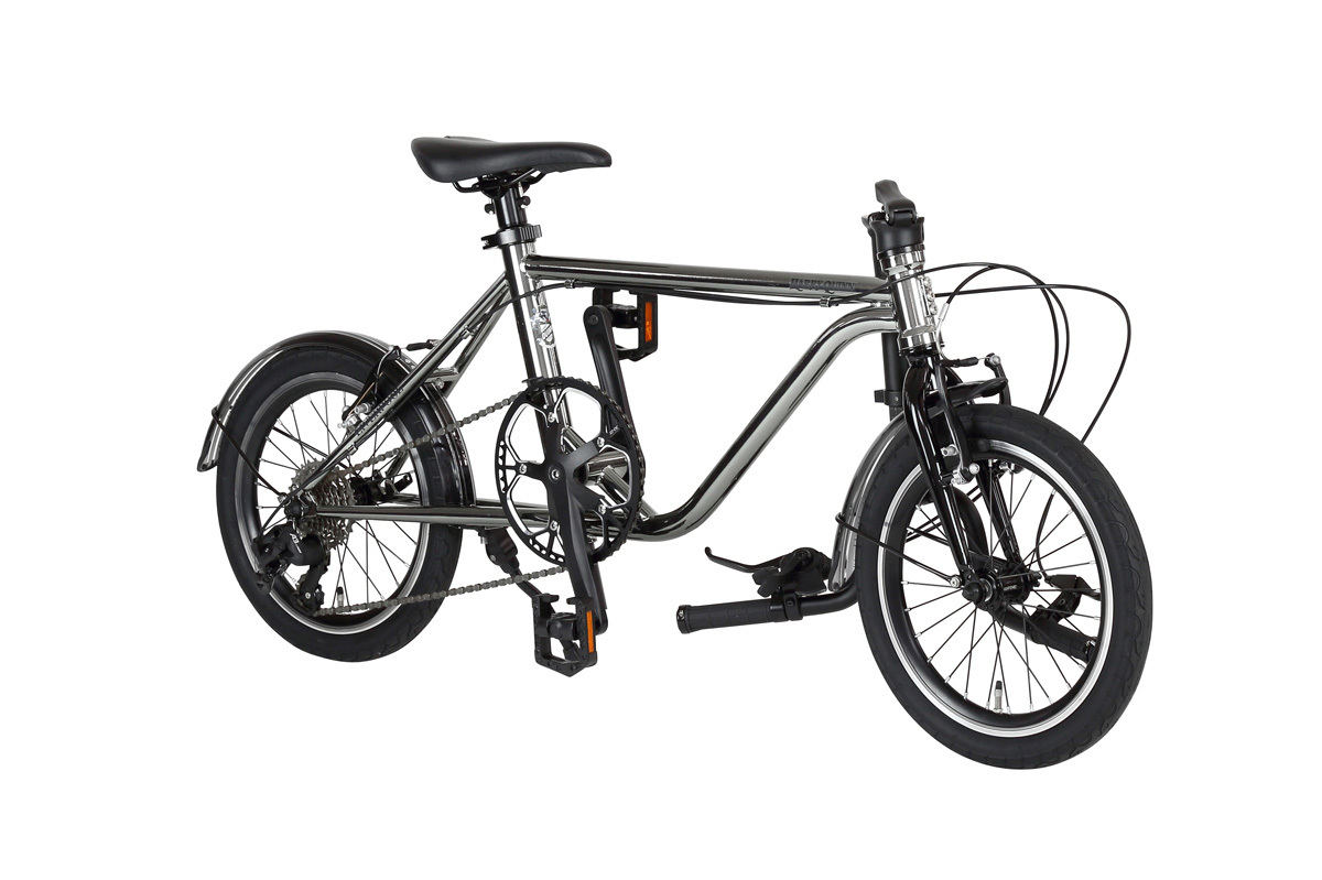 クロモリフレームの8段変速搭載、折りたたみ式ハンドルステムの