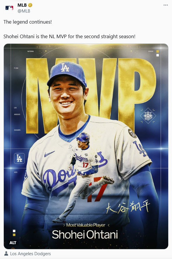 二刀流」大谷、3年連続MVP 満票で4度目、歴代単独2位（共同通信