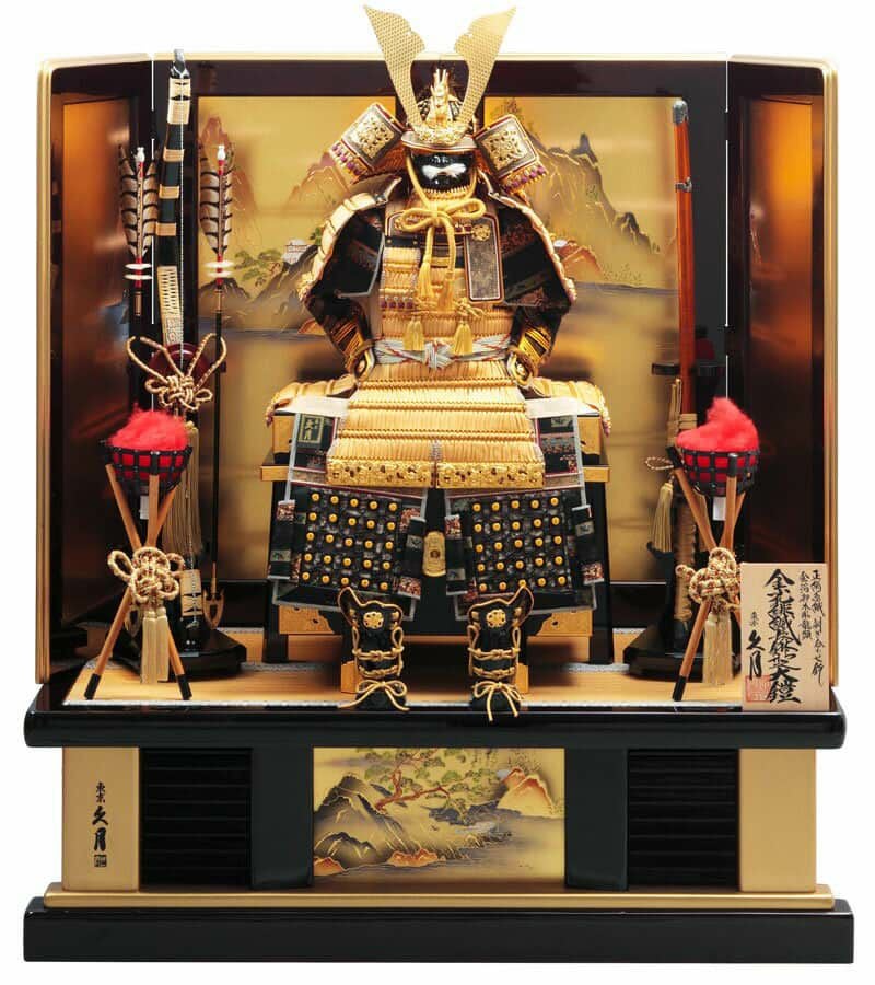 五月人形 久月 鎧平飾り 鎧飾り 高床飾り 金小札 正絹緋縅 15号 長鍬形