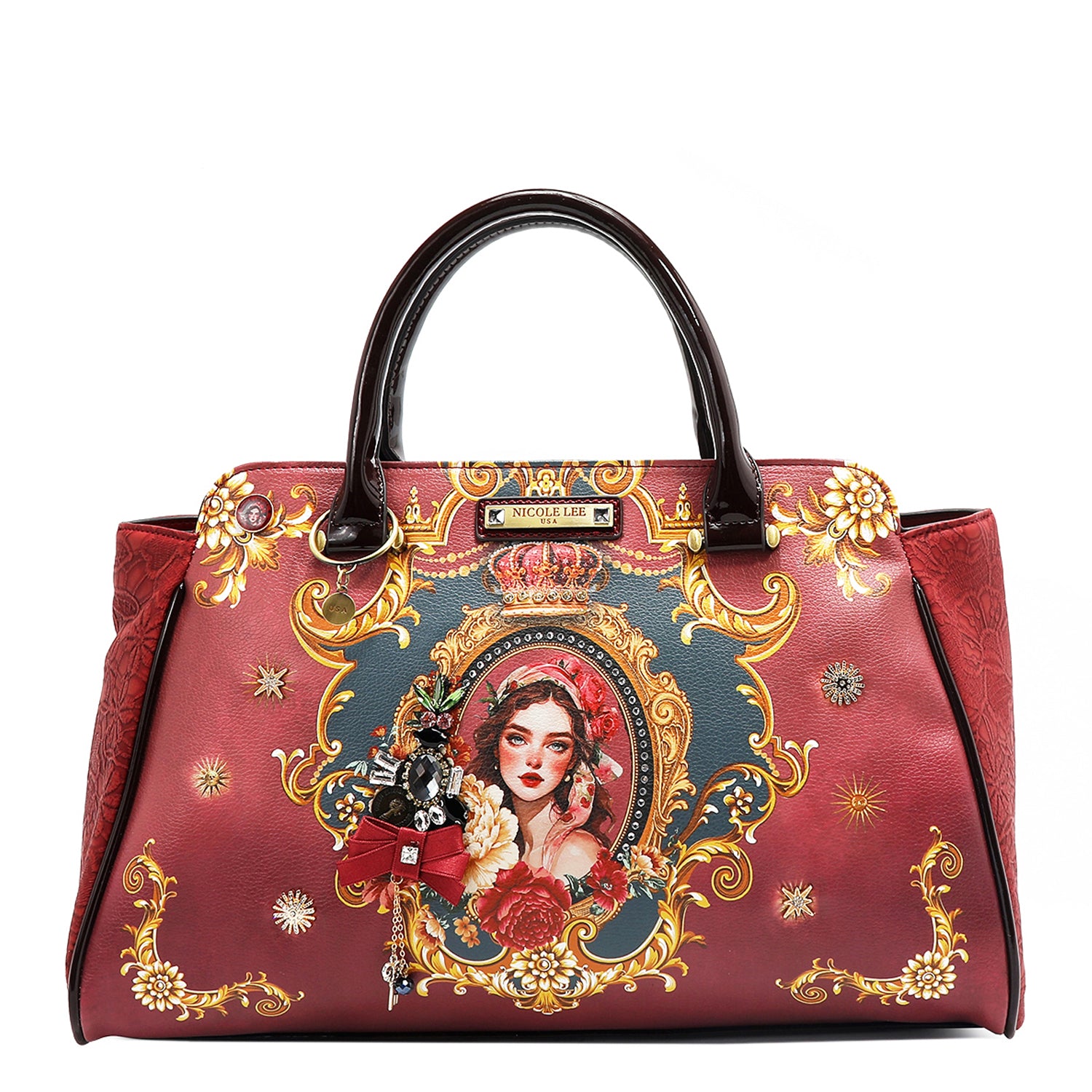 The Queen Wide Handbag with Embellishments, Bow and Tassel Charm