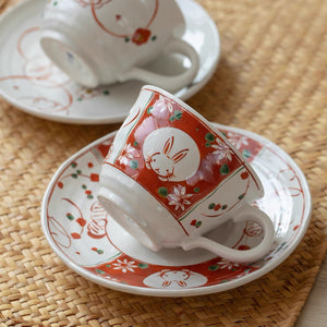 Minoyaki Festive Usagi Rabbit Pair Coffee Cup & Saucer – Object of